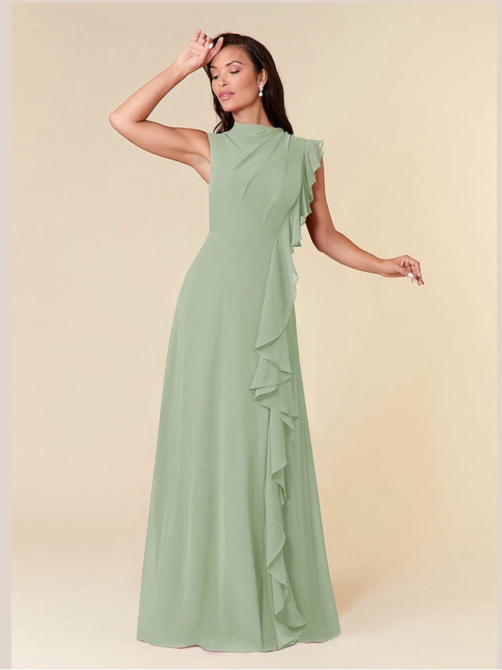 Azazie Sage Green One-Shoulder Ruffle Evening Dress
